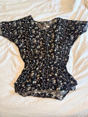 Express Y2K Black Sheer Floral Ruched Tunic Blouse Gold Metallic Sleeveless XS